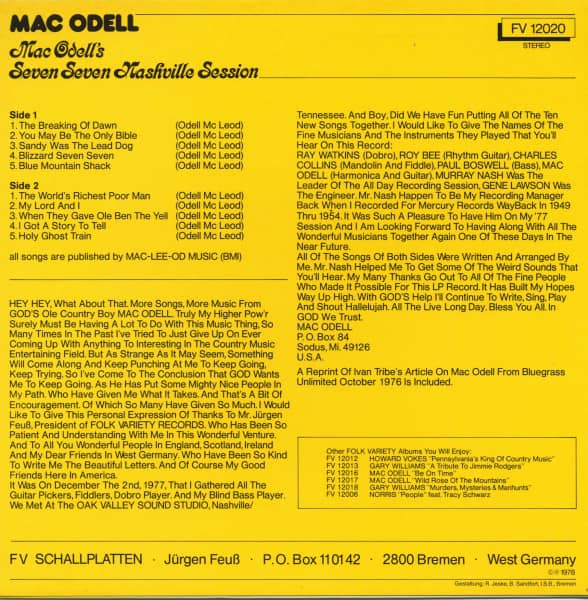 Mac Odell's Seven Seven Nashville Session (LP)