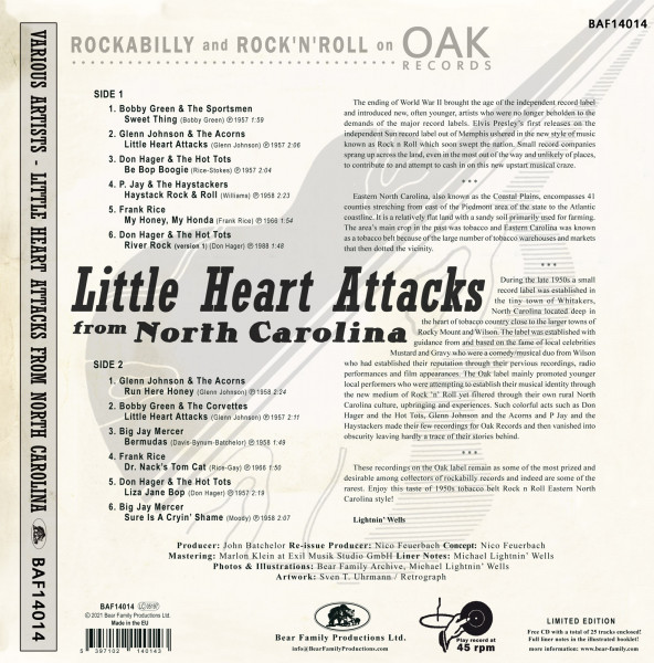 Little Heart Attacks From North Carolina -Rockabilly and Rock 'n' Roll on Oak Records (LP, 10inch & CD, Ltd, 45rpm)