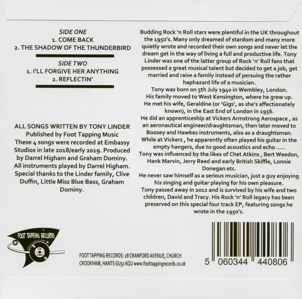 The Songs Of Tony Linder (7inch, 45rpm, EP, PS)