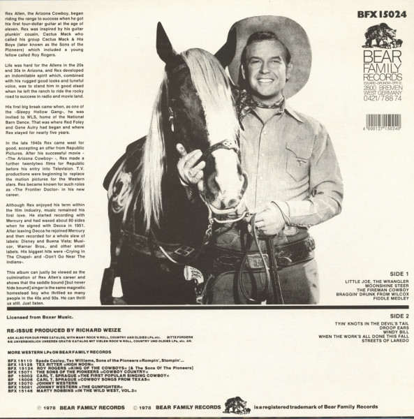 Rex Allen Sings Boney Kneed Hairy Legged Cowboy Songs (LP)