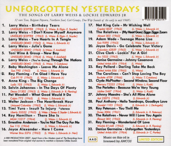 Va Unforgotten Yesterdays - The Songs Of Larry Weiss & Lockie Edwards Jr.